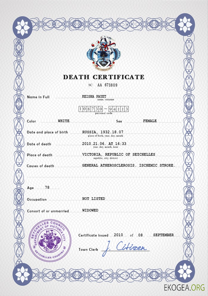 Modèle PSD de certificat de décès de l'état civil des Seychelles